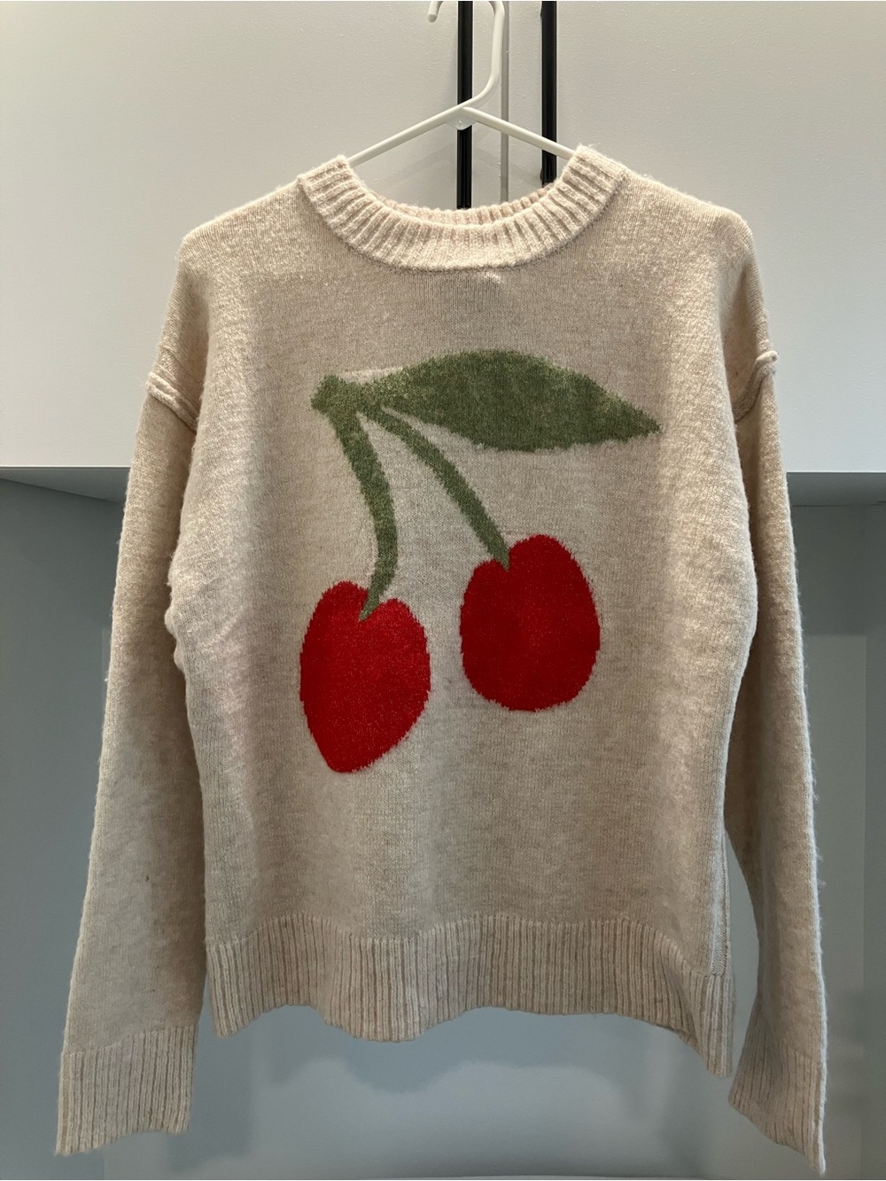 Beige Crewneck Sweater with Fun Red Cherry Motif